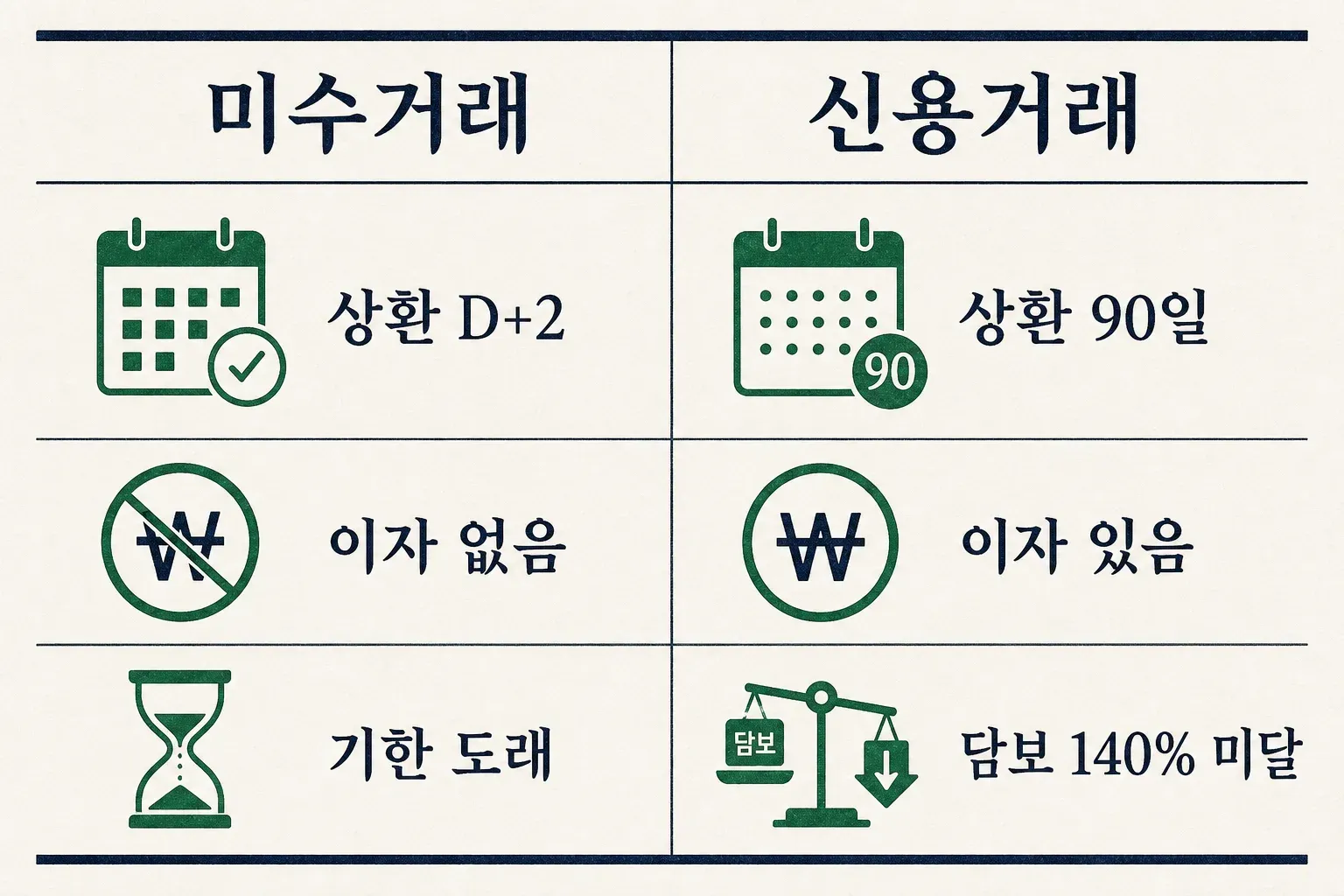 미수거래와 신용거래 반대매매의 상환기한·담보유지비율·청산 시점 차이를 비교한 인포그래픽