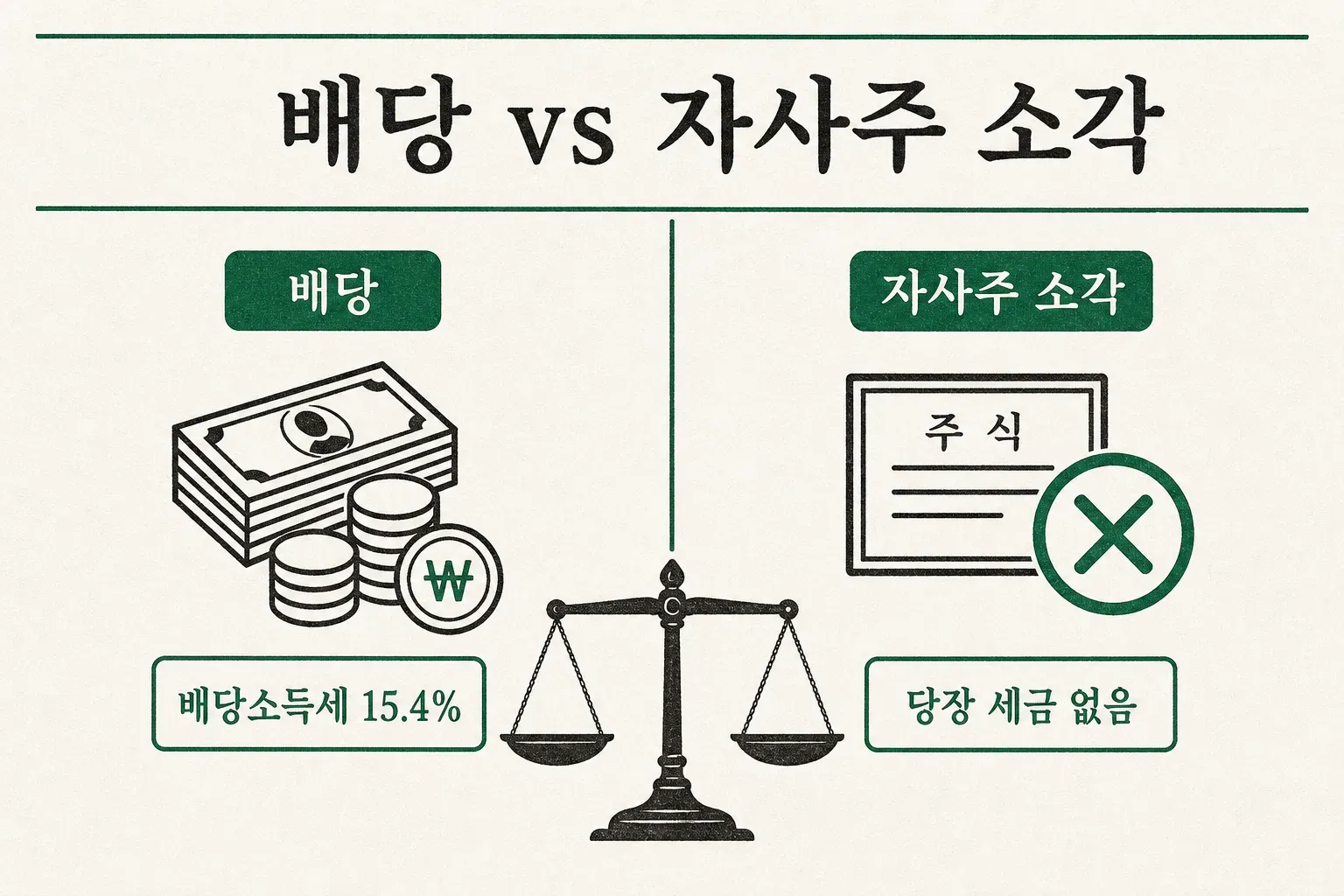 배당과 자사주 소각의 세금과 성격 차이를 비교한 인포그래픽