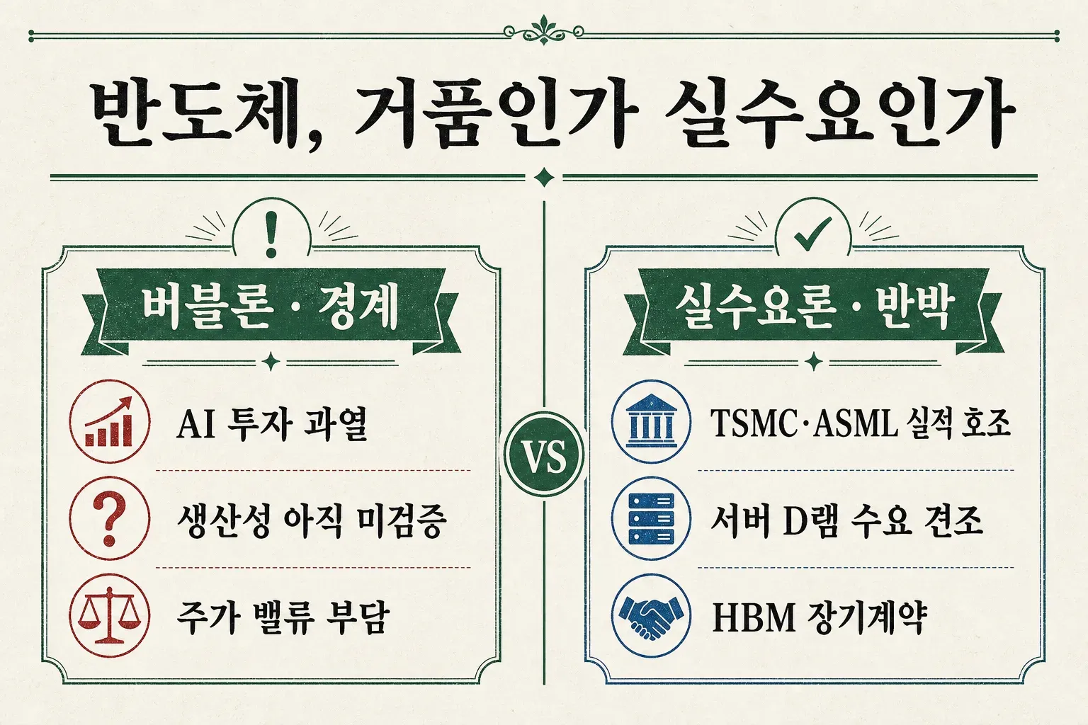 반도체 거품인가 실수요인가 - 버블론(AI 투자 과열·생산성 미검증·밸류 부담) vs 실수요론(TSMC ASML 실적 호조·서버 D램 수요·HBM 장기계약) 비교 인포그래픽