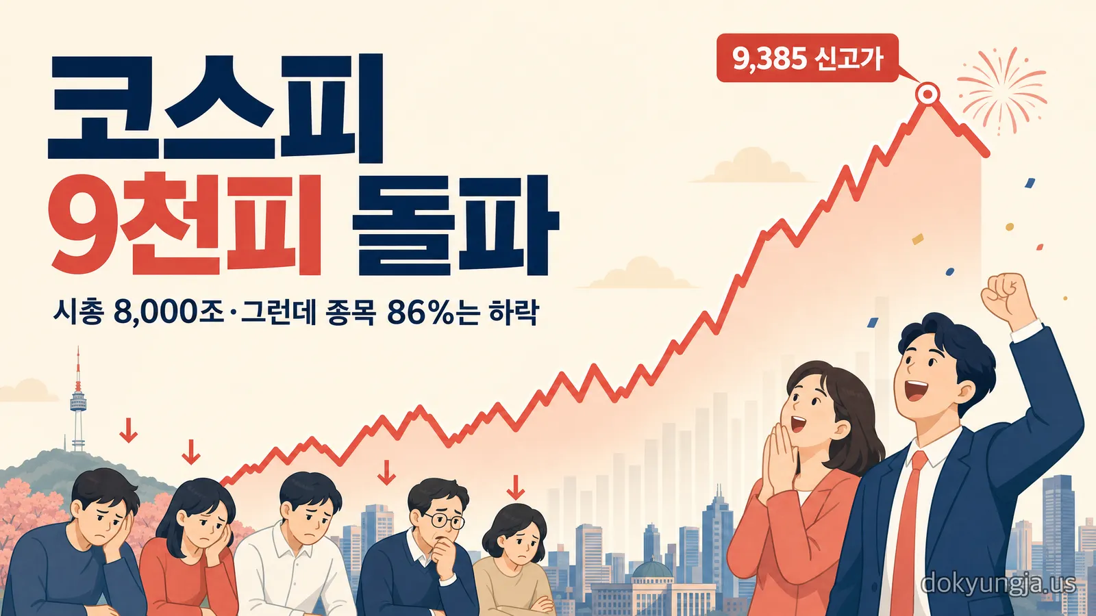 코스피 9천피·시총 8천조 돌파 — 반도체 쏠림 54%와 9,385 신고가 반락 총정리 — 대표 이미지
