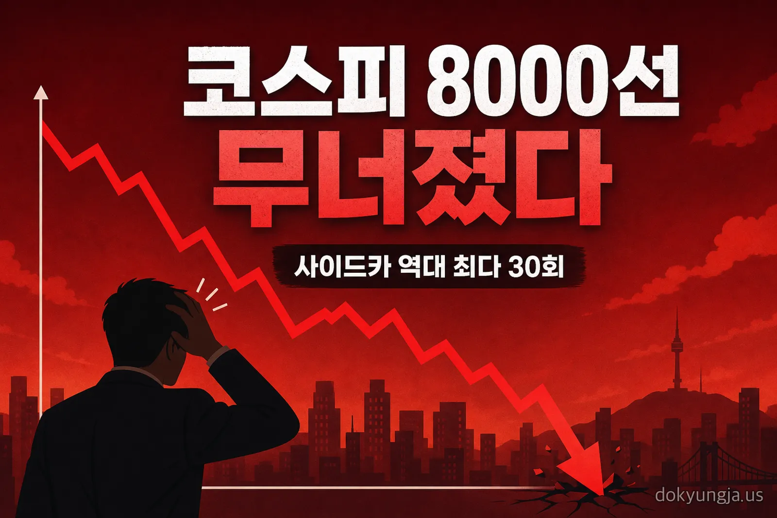 코스피 7,648 급락(-7.89%) 8000선 붕괴 — 사이드카 역대 최다 30회, SK하이닉스 -14.6% (2026년 7월 2일 마감) — 대표 이미지