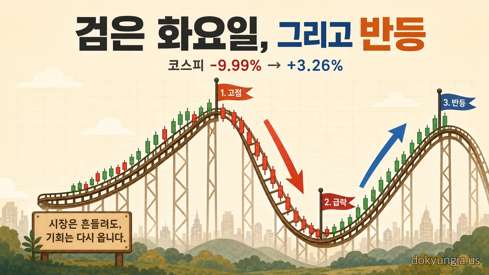 코스피 '검은 화요일' -9.99% 폭락과 하루 만의 반등 — MSCI 불발·마이크론 깜짝실적·국민연금 50조 매도설의 결말 — 대표 이미지